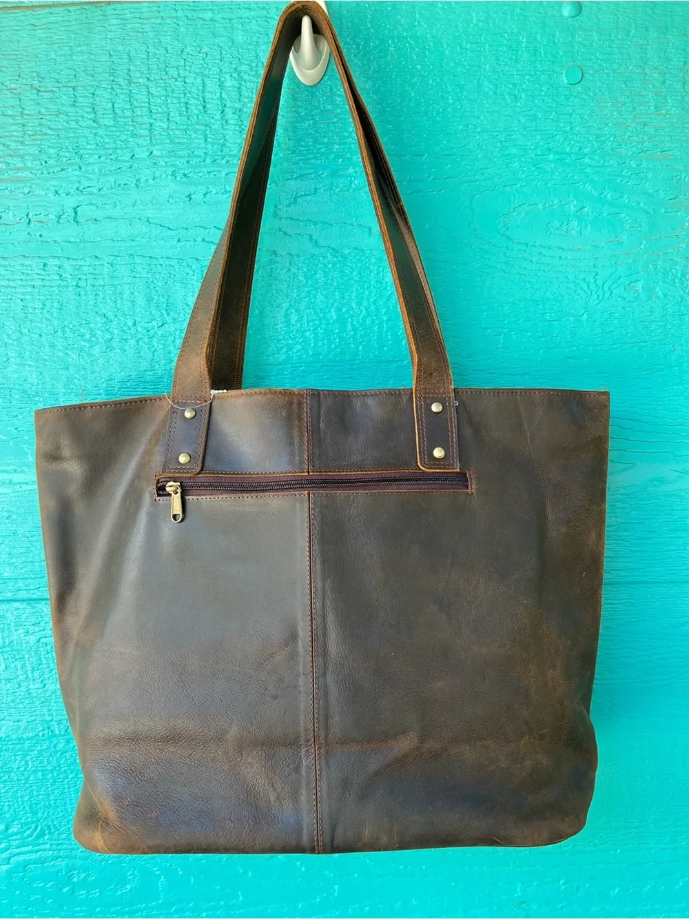 MYRA DISTRESSED BROWN LEATHER TOTE BAG WITH COW HAIR PANEL LARGE